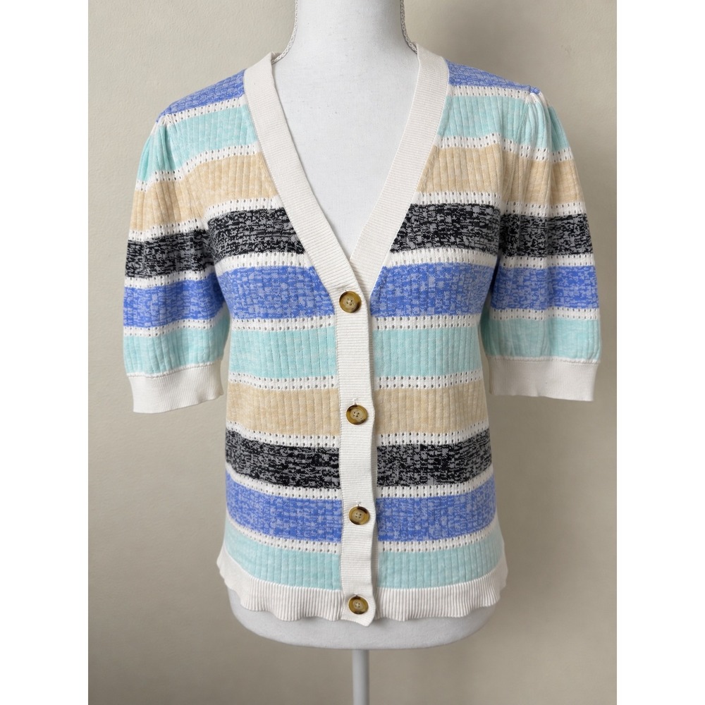 LOFT Women 100% Cotton Cardigan L Blue Coastal Short Puff Sleeve Knit Top Pastel
